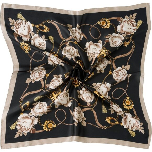 Women Black Flower Headscarf Satin Bandana Pattern Polyester Breathable Scarves - Picture 1 of 7